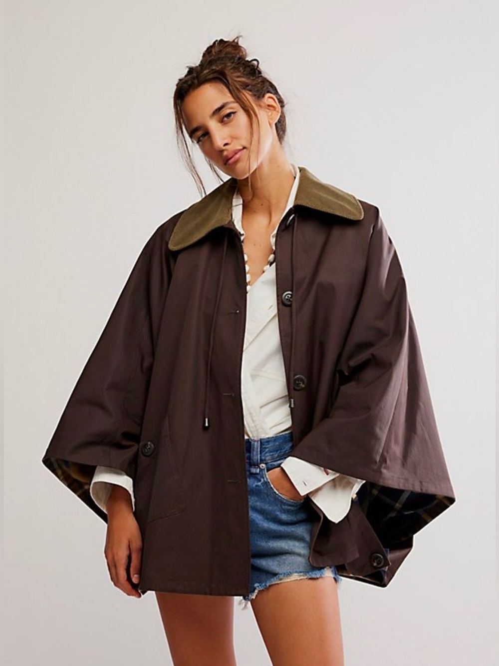 Free People NWT Brown Bailey Brown cape coat Jacket- Contrast Collar M/L